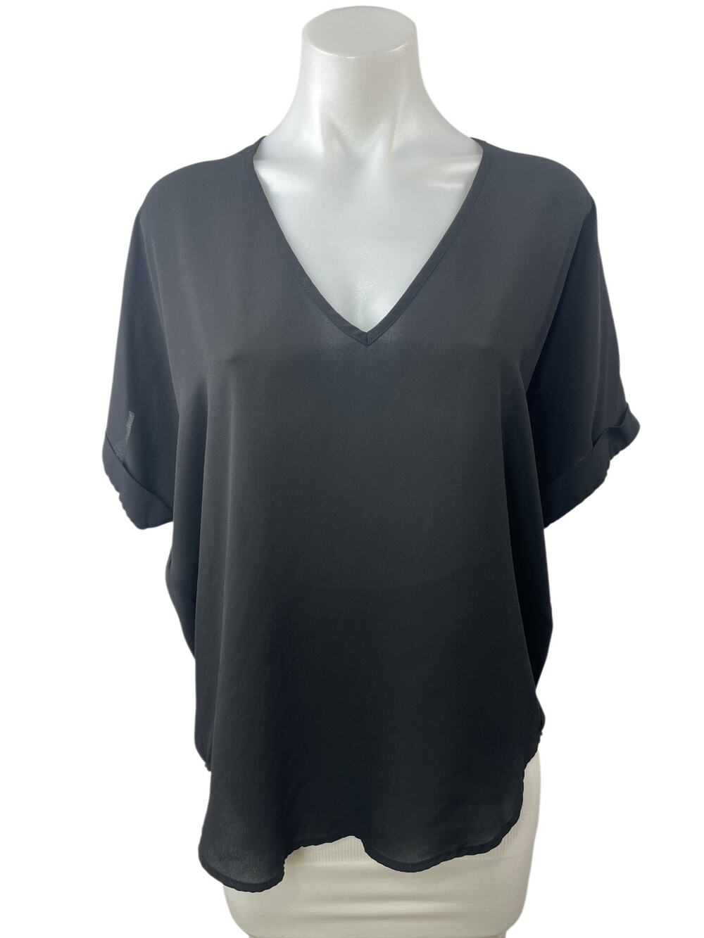 Lush Women's Black V Neck Short Dolman Sleeves Tunic Shirt Blouse Top Size S